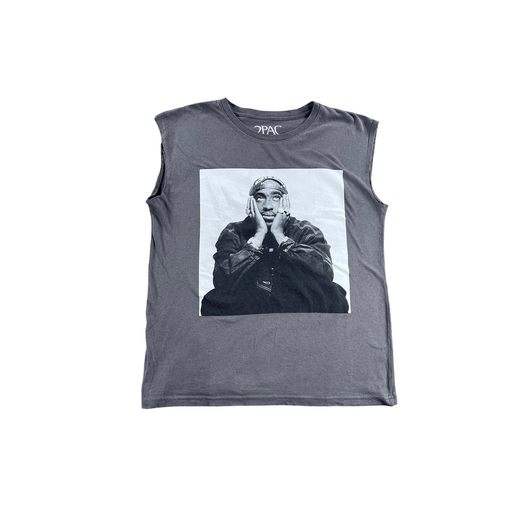2Pac Tupac Shakur Graphic Muscle Tee Shirt Gray Sleeveless Rap Hip Hop Small